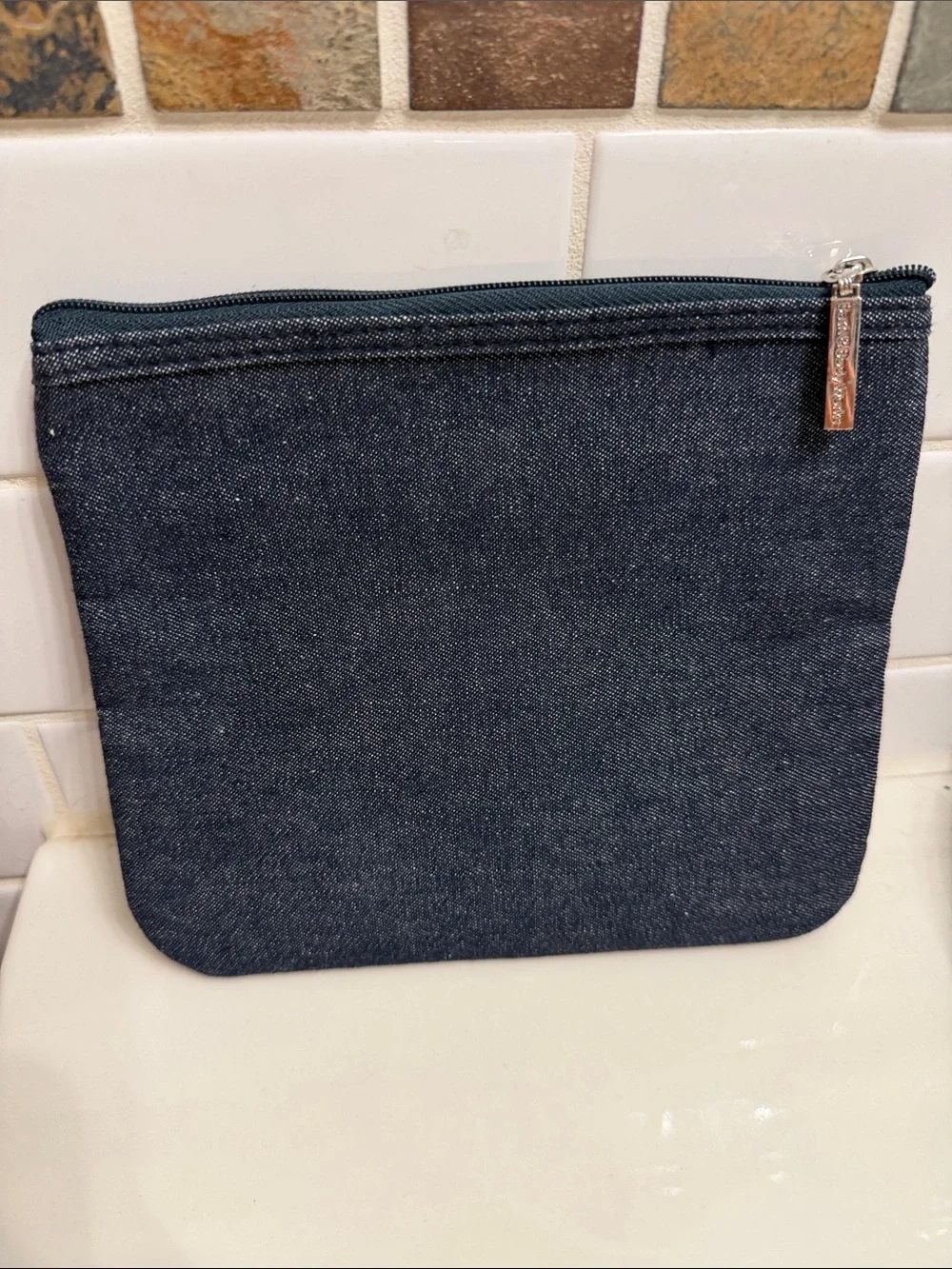 Bath & Body Works Dark Blue Denim Cosmetic Pouch with Colorful Spiral Appliqués